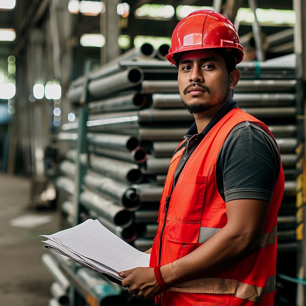 Un hombre con casco y chaleco de seguridad rojo sostiene unos documentos en un entorno industrial con tubos helicoidales apilados detrás de él. Su expresión es seria y está enfocado en su tarea.