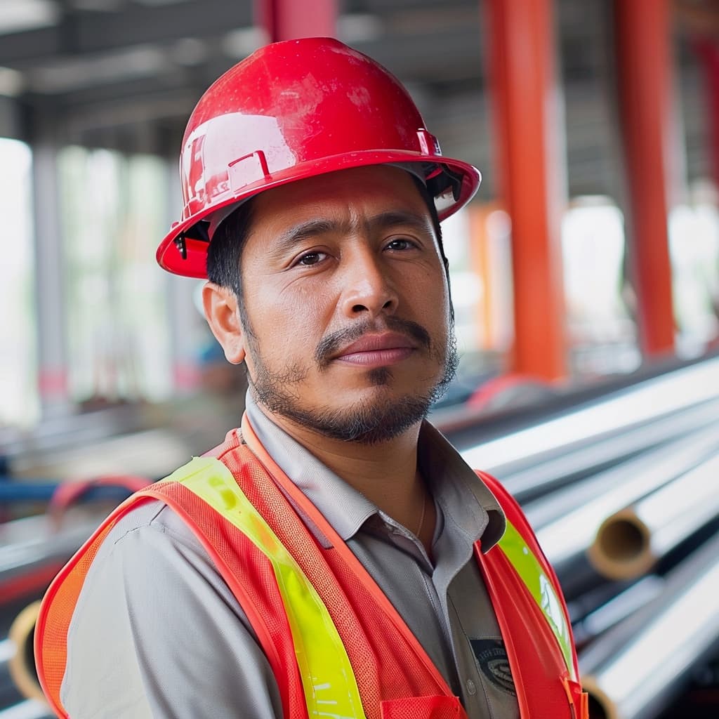 Un hombre con casco rojo y chaleco reflectante está de pie en un entorno industrial, rodeado de tubos helicoidales. Su expresión es seria y parece estar concentrado en su trabajo.