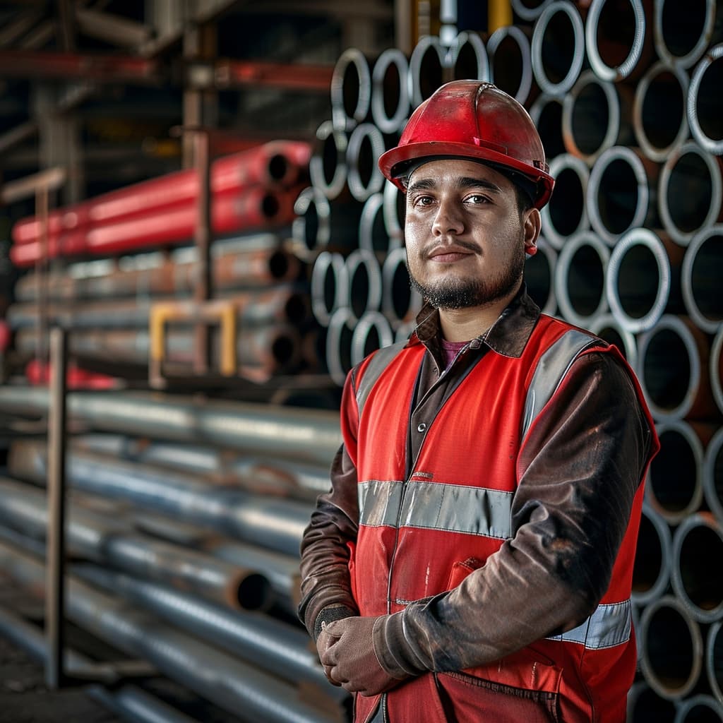 Un trabajador con casco rojo y chaleco reflectante de color naranja posa con los brazos cruzados en un entorno industrial. Detrás de él hay estantes cargados de tubos heicoidales y tubería helicoidal en distintos colores, principalmente gris y rojo. La iluminación resalta los detalles del lugar y del trabajador.