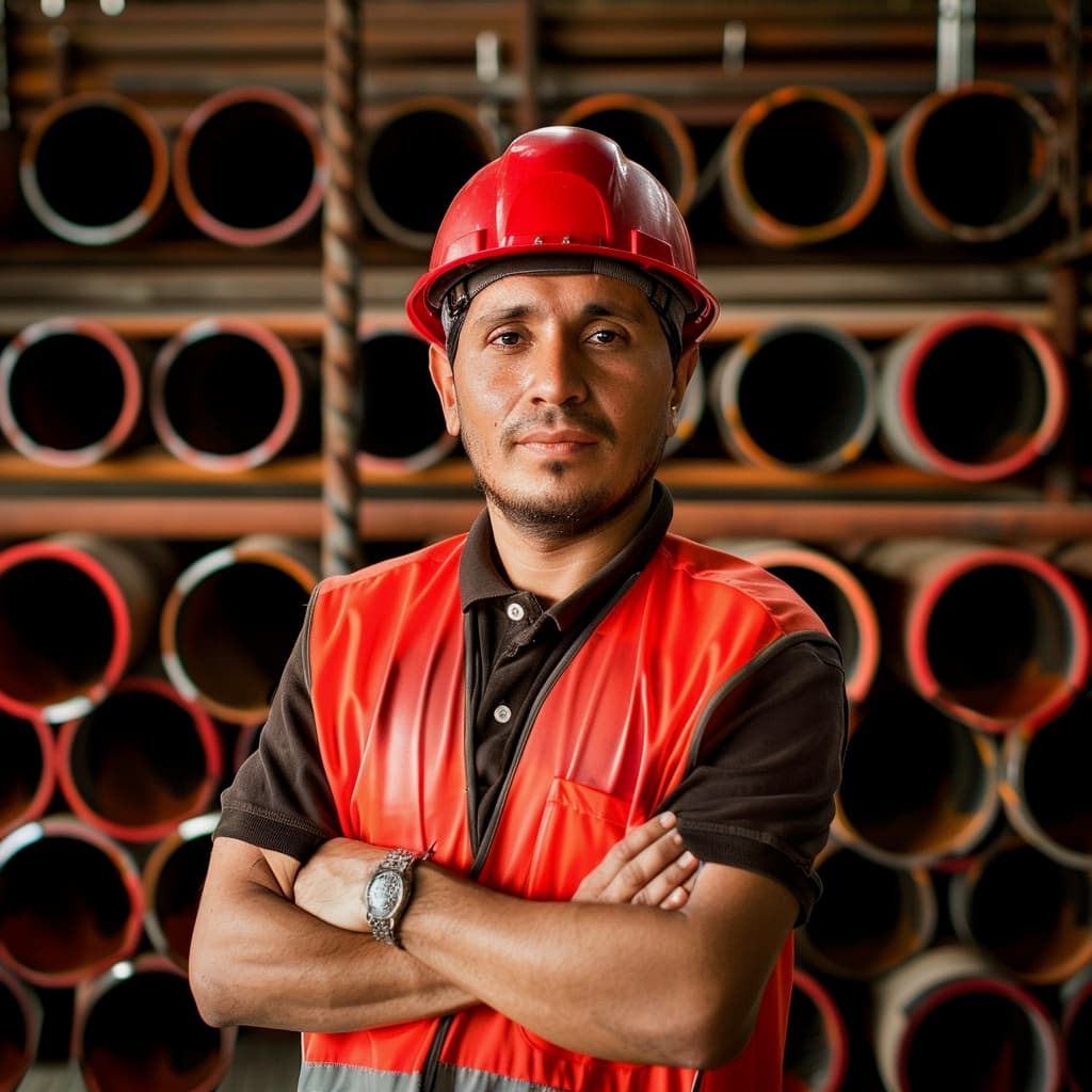 En la imagen se observa a un hombre con casco rojo y chaleco reflectante, de pie con los brazos cruzados, frente a una pared de tubos helicoidales. Su expresión es seria y está en un entorno industrial.