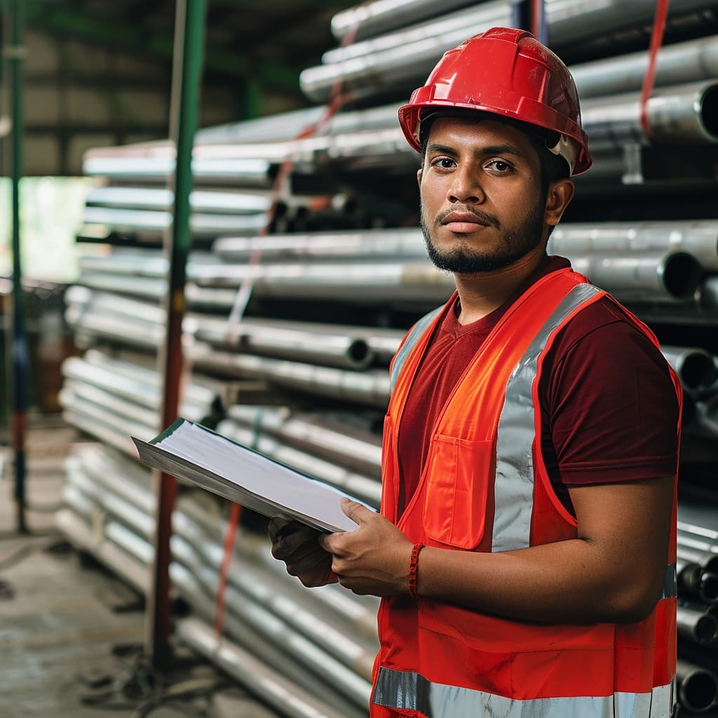 Un hombre con casco rojo y chaleco reflectante sostiene un libro de hojas en un entorno industrial. Detrás de él se pueden ver varios tubos helicoidales apilados.