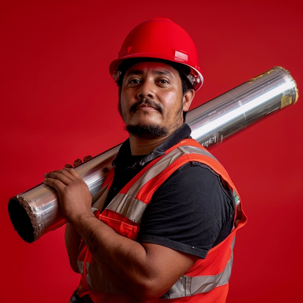 Hombre con casco rojo y chaleco de seguridad naranja sostiene una tubería helicoidal sobre su hombro. El fondo es de color rojo.