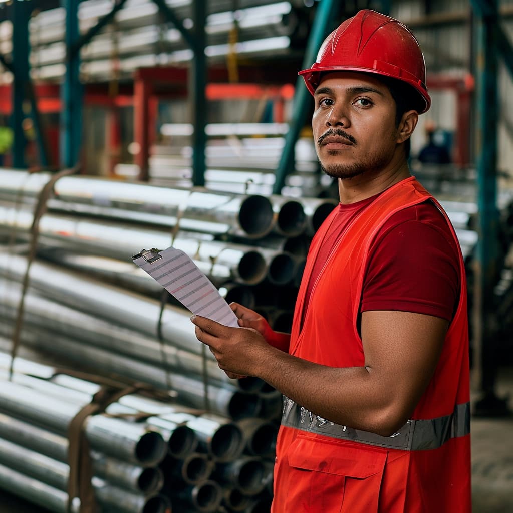Un hombre con casco rojo y un chaleco reflectante sostiene una lista en sus manos, mientras observa un almacén lleno de tubos helicoidales. El ambiente parece ser industrial, con muchos tubos apilados detrás de él.